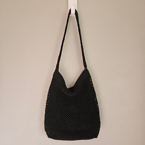 Sonoma Crochet Shoulder Bag Black Knit Tote Purse Floral Applique Boho Cottage - Picture 3 of 14